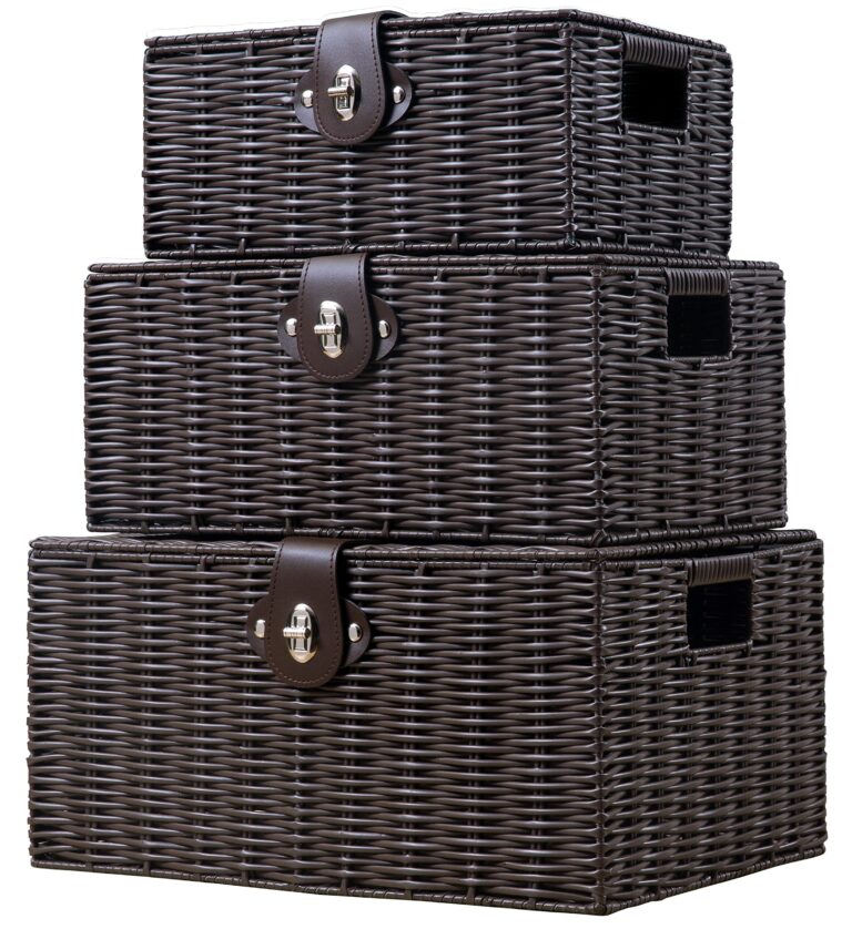 Set of 3 Woven Storage Basket Bin Wicker Hamper Stackable Box with Lid & Lock, Container Tote Cube Organizer for Nursery, Baby Toiletry, Diaper, Toys, Home Closet, Laundry, DVD, Book (Grey)