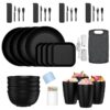 35 Pieces Wheat Straw Dinnerware Sets for 4, Plates and Bowls Sets With Cutting Board and Fruit knife, Outdoor Camping Dishes Sets, Microwave & Dishwasher Safe, Lightweight & Unbreakable, Black