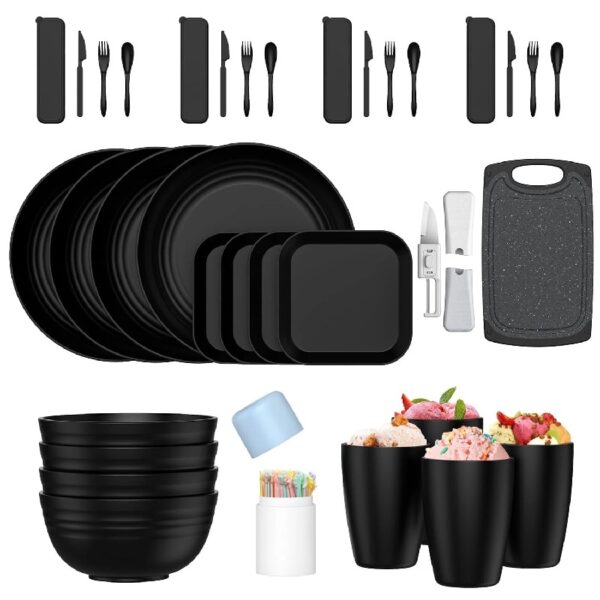 35 Pieces Wheat Straw Dinnerware Sets for 4, Plates and Bowls Sets With Cutting Board and Fruit knife, Outdoor Camping Dishes Sets, Microwave & Dishwasher Safe, Lightweight & Unbreakable, Black