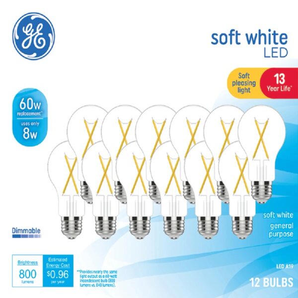LED Light Bulbs, 60 Watt, Soft White, A19 Bulbs, Medium Base, Clear Finish, 13yr, 12 pack