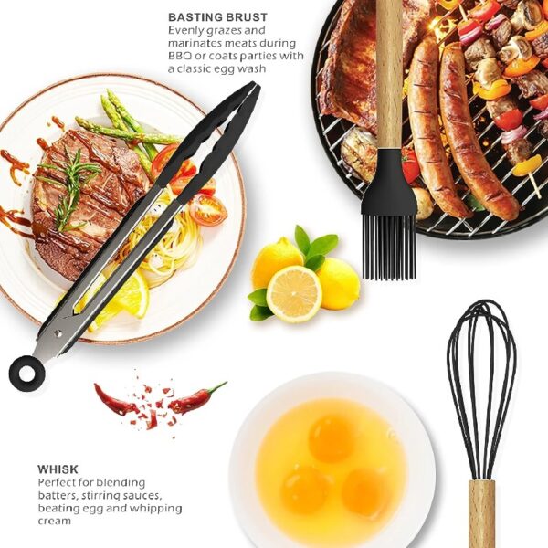 oannao Silicone Cooking Utensils Set - 446°F Heat Resistant Silicone Kitchen Utensils for Cooking,Kitchen Utensil Spatula Set w Wooden Handles,Holder, BPA FREE Gadgets for Non-Stick Cookware (Khaki)