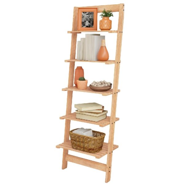 5-Tier Slatted Wood Leaning Ladder Shelf for Narrow Storage, Wooden Bookcase for Living Room, Bathroom, Kitchen, Office or Bedroom, Black Finish