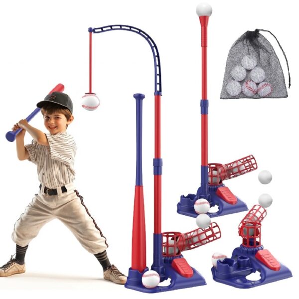3-in-1 T Ball Set for Kids, 2.5-3.9ft Height Adjustable Tee Ball Stand, Hanging Tee, Pitching Machine, Tball Bat with 6 Balls, Indoor/Outdoor Sport Gifts for Boys & Girls
