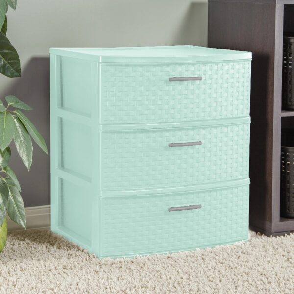 Storage Drawer, 3 Drawer Plastic Weave Wide Tower with Pull Handles, Brown