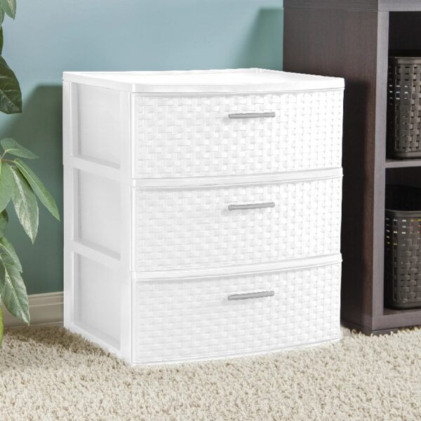 Storage Drawer, 3 Drawer Plastic Weave Wide Tower with Pull Handles, Brown