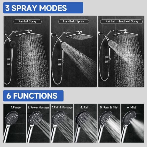 12 Inch Coverage High Pressure Rain Shower Head Combo with Adjustable Extension Arm, Wide Rainfall & 5 Modes Handheld Showerhead, Dual Anti-Clog Nozzles for Ultimate Experience, Silver Chrome
