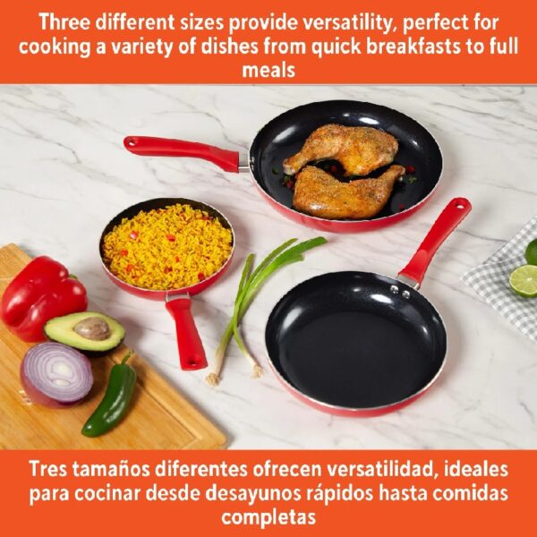 Nonstick Ceramic Cookware Set 3-Piece 7in/9in/11in, with Stay-Cool Handles, Aluminum, Red