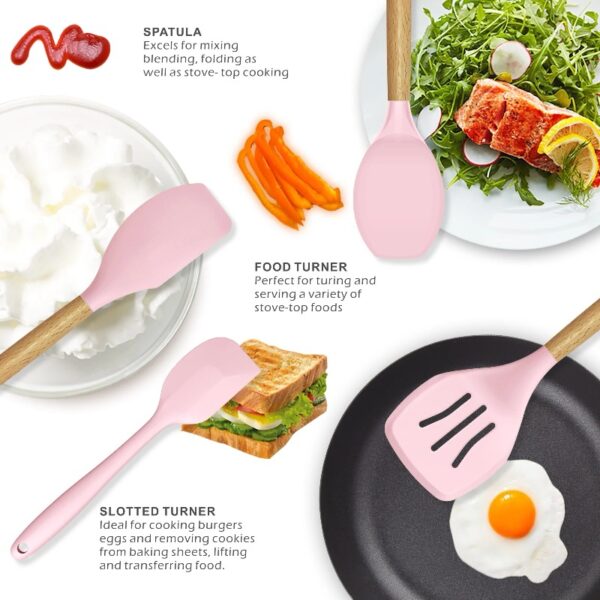 oannao Silicone Cooking Utensils Set - 446°F Heat Resistant Silicone Kitchen Utensils for Cooking,Kitchen Utensil Spatula Set w Wooden Handles,Holder, BPA FREE Gadgets for Non-Stick Cookware (Khaki)