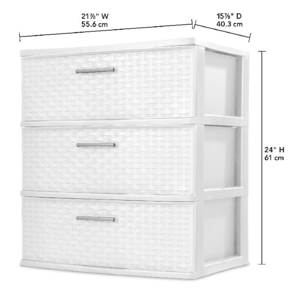 Storage Drawer, 3 Drawer Plastic Weave Wide Tower with Pull Handles, Brown