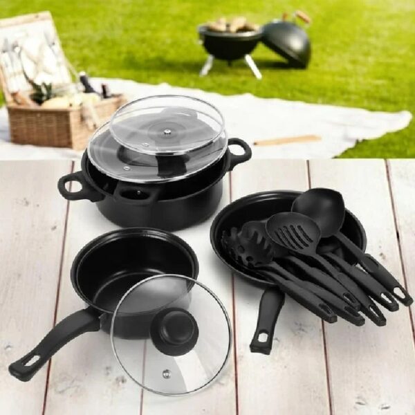 Non-Stick Cookware Set, Small Portable Cast Iron Pots and Pans with Glass Lids and Nylon Utensils for Outdoor Cooking - 13 Piece Set, Black