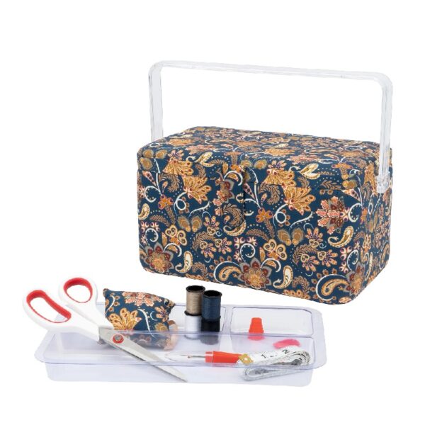 SINGER Large Premium Tackle Sewing Basket Navy Paisley Print with Notions Sewing Kit and Matching Pin Cushion