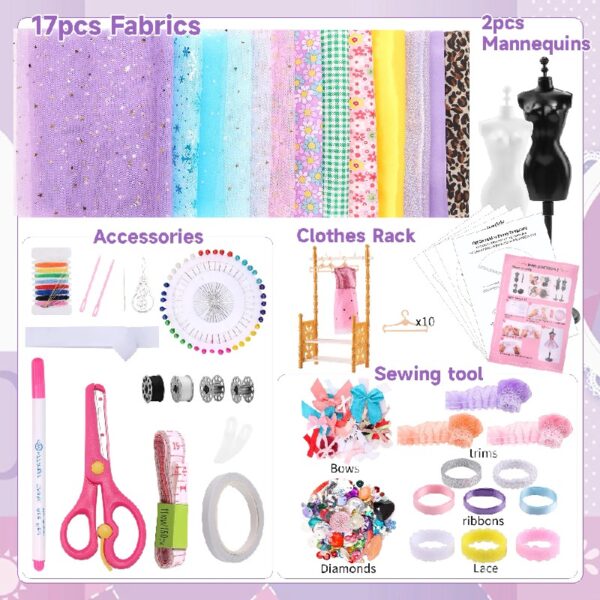 Tianhe DIY Designer Sewing Kit for Kids with Mannequins, 240 Pieces
