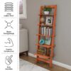 5-Tier Slatted Wood Leaning Ladder Shelf for Narrow Storage, Wooden Bookcase for Living Room, Bathroom, Kitchen, Office or Bedroom, Black Finish