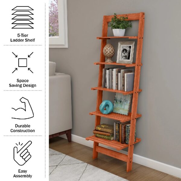 5-Tier Slatted Wood Leaning Ladder Shelf for Narrow Storage, Wooden Bookcase for Living Room, Bathroom, Kitchen, Office or Bedroom, Black Finish