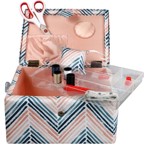 SINGER Large Premium Tackle Sewing Basket Navy Paisley Print with Notions Sewing Kit and Matching Pin Cushion