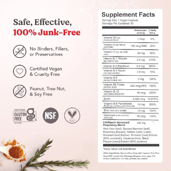 Advanced Formula Supplement for Hair Health – With Biotin, Vitamins & Antioxidants – 100% Vegan, 1-Month Supply – For Women & Men