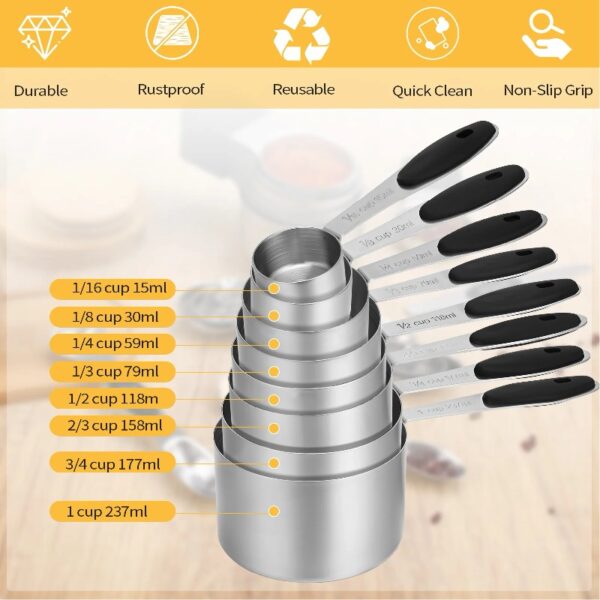 17 Pieces Measuring Cups and Magnetic Measuring Spoons Set Stainless Steel, 8 Measure Cups with Silicone Handle and 8 Double Sided Magnetic Measure Spoons & 1 Leveler