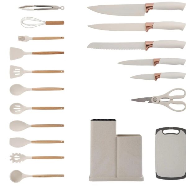 19PCS Kitchen Utensils Set for Cooking, 11 Cooking Utensils, 6 Knife set Beige,3 Utensil Sets,utensilios de cocina