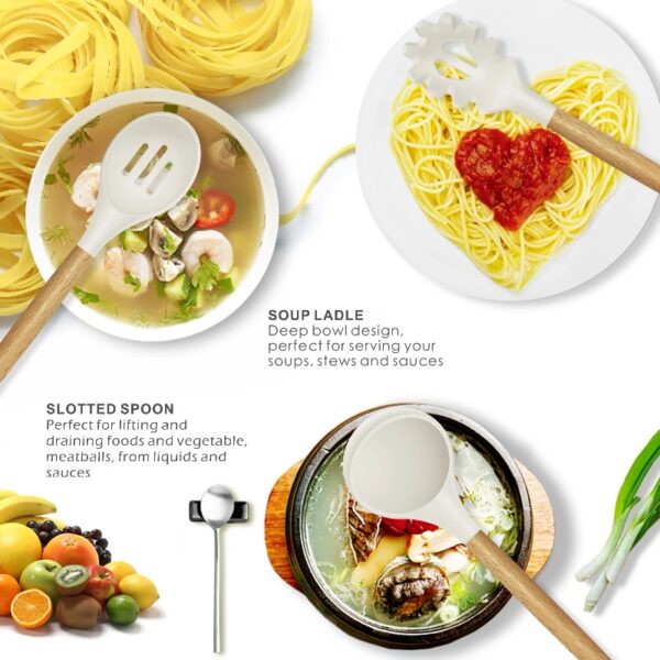 oannao Silicone Cooking Utensils Set - 446°F Heat Resistant Silicone Kitchen Utensils for Cooking,Kitchen Utensil Spatula Set w Wooden Handles,Holder, BPA FREE Gadgets for Non-Stick Cookware (Khaki)