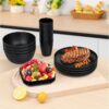 35 Pieces Wheat Straw Dinnerware Sets for 4, Plates and Bowls Sets With Cutting Board and Fruit knife, Outdoor Camping Dishes Sets, Microwave & Dishwasher Safe, Lightweight & Unbreakable, Black