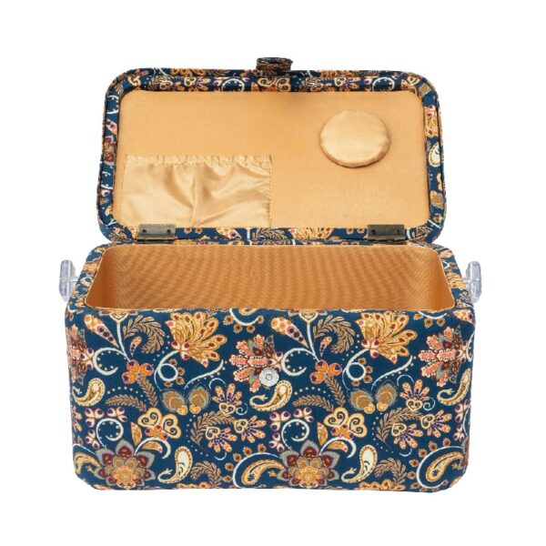 SINGER Large Premium Tackle Sewing Basket Navy Paisley Print with Notions Sewing Kit and Matching Pin Cushion
