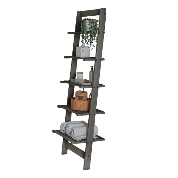 5-Tier Slatted Wood Leaning Ladder Shelf for Narrow Storage, Wooden Bookcase for Living Room, Bathroom, Kitchen, Office or Bedroom, Black Finish