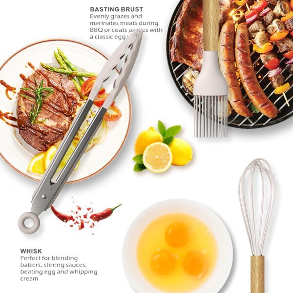 oannao Silicone Cooking Utensils Set - 446°F Heat Resistant Silicone Kitchen Utensils for Cooking,Kitchen Utensil Spatula Set w Wooden Handles,Holder, BPA FREE Gadgets for Non-Stick Cookware (Khaki)