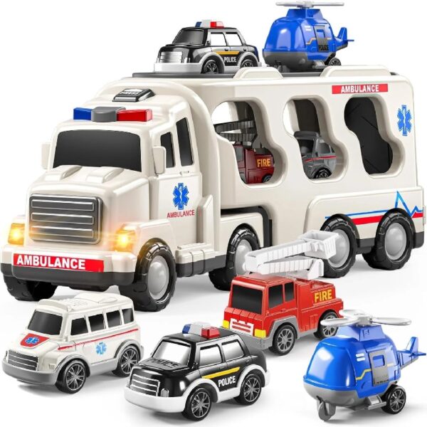 Construction Toddler Truck Toys for 3 4 5 6 Year Old Boys 5-in-1 Friction Power Vehicle Car Toy for Toddlers 1-3 Carrier Truck Toys for Kids 3-5 Christmas Birthday Gifts for Girls Age 3-9
