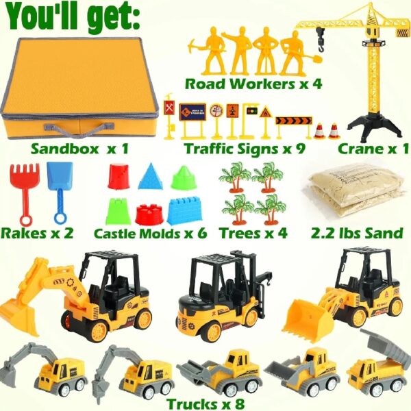 Billeeit Sand Construction Kit with 2.2lbs Play Sand, Large Foldable Sandbox, Construction Trucks, Castle Molds, and 36PCS Total Accessories, Creative Sand Play Set for Kids Ages 3+