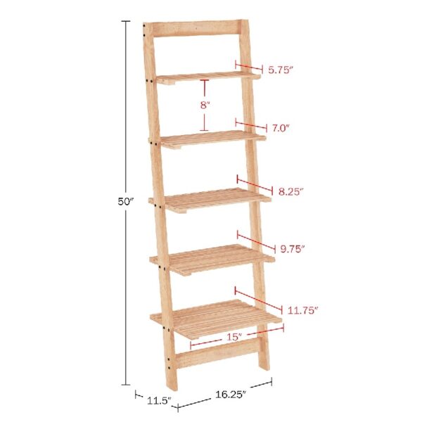 5-Tier Slatted Wood Leaning Ladder Shelf for Narrow Storage, Wooden Bookcase for Living Room, Bathroom, Kitchen, Office or Bedroom, Black Finish