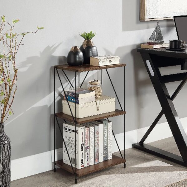 No Tools 3-Tier Bookcase ,Walnut Brown Wooden Small Book Shelf with Metal Frame For Small Spaces , Home Office