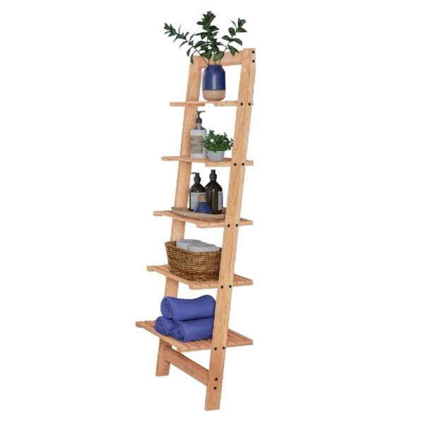 5-Tier Slatted Wood Leaning Ladder Shelf for Narrow Storage, Wooden Bookcase for Living Room, Bathroom, Kitchen, Office or Bedroom, Black Finish