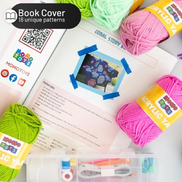 MOMOTOYS 74-Piece Crochet Kit for Beginners and Kids with Instruction Book and Zigzag Gray Organizer Bag