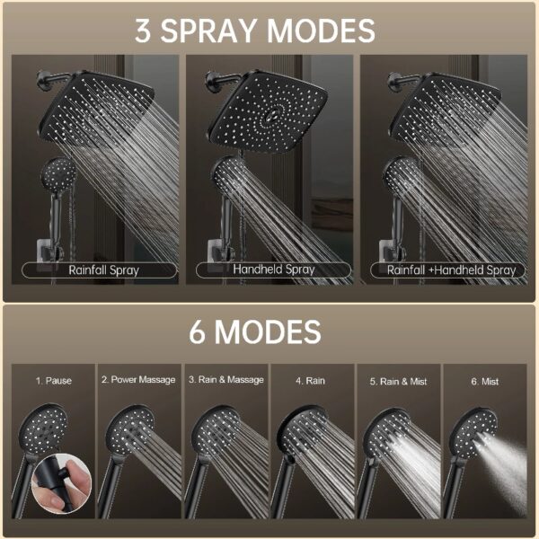12 Inch Coverage High Pressure Rain Shower Head Combo with Adjustable Extension Arm, Wide Rainfall & 5 Modes Handheld Showerhead, Dual Anti-Clog Nozzles for Ultimate Experience, Silver Chrome