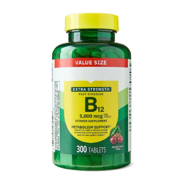 Extra Strength Vitamin B12 Supplement Fast Dissolve Tablets for Metabolism Support, Cherry, 5000 mcg, 300 Count