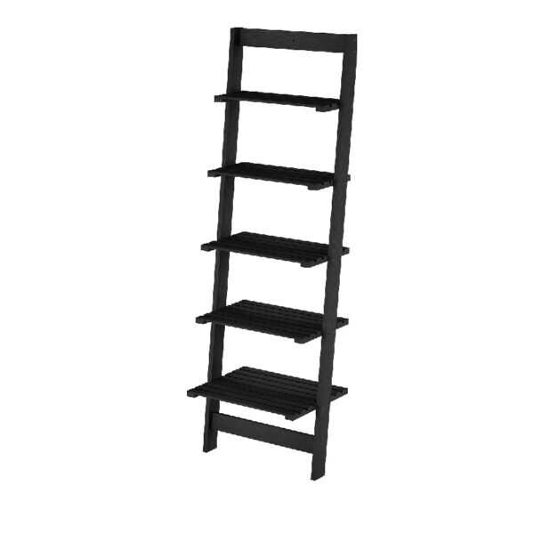 5-Tier Slatted Wood Leaning Ladder Shelf for Narrow Storage, Wooden Bookcase for Living Room, Bathroom, Kitchen, Office or Bedroom, Black Finish