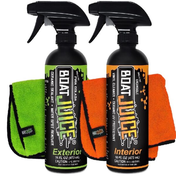 Juice Essentials Boat Cleaning Kit – Exterior Water Spot Remover, Interior Vinyl Cleaner & 2 Microfiber Towels – Marine Cleaning & Detailing Kit, Made in USA