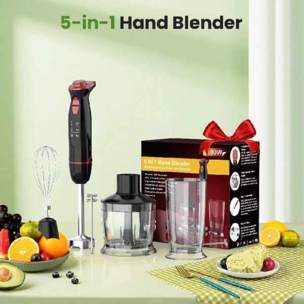 Immersion Hand Blender,5-in-1 1100W Multi-Function Handheld Stick Blender with 24-Speed, Stainless Steel Blades, Chopper, Beaker, 600ml, New Mixer Milk Frother for Baby Food/Smoothies/Puree