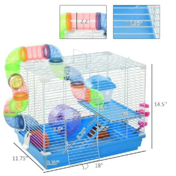 Spaco 2-Level Hamster Cage Rodent Gerbil House Mouse Mice Rat Habitat Metal Wire with Exercise Wheel, Play Tubes, Water Bottle, Food Dishes, Blue