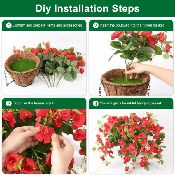 Artificial Hanging Flowers Basket,Fake Hanging Plant,4 Packs Faux Flower Daisies Coconut Lining Hanging Baskets for Patio Garden Porch Deck Decoration(Red)