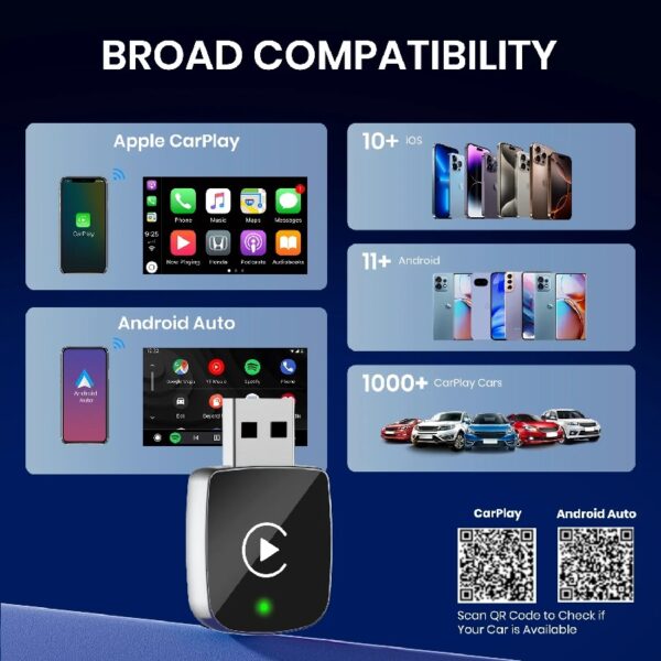 Wireless Carplay Adapter, 2 in 1 Apple CarPlay and Android Auto Adapter Convert Wired to Wireless Dongle for Apple Android,Plug and Play for iOS 10+ & Android 10+, Black