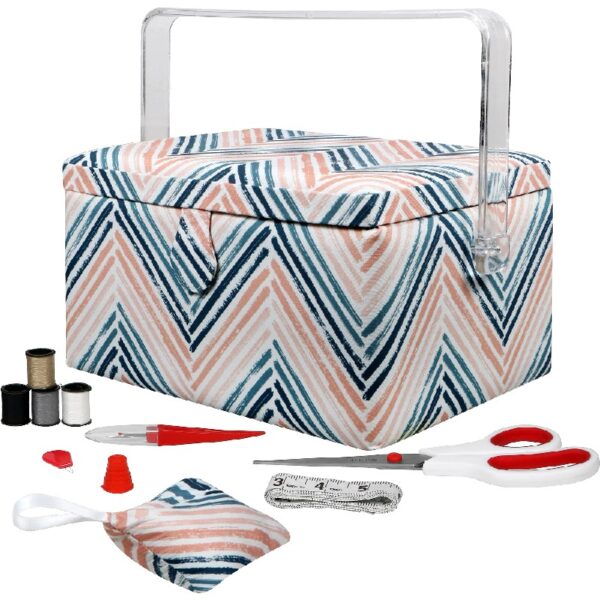 SINGER Large Premium Tackle Sewing Basket Navy Paisley Print with Notions Sewing Kit and Matching Pin Cushion