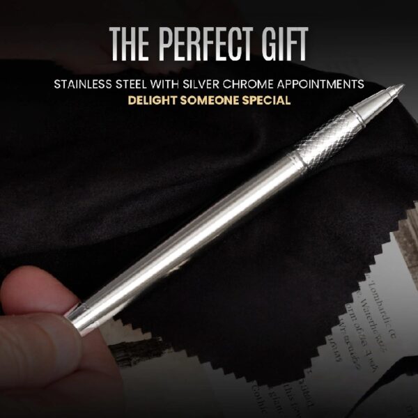 Scriveiner Stainless Steel Rollerball Pen - Stunning Luxury Metal Pen with Silver Chrome Finish, Schmidt Ink Refill, Best Roller Ball Pen Gift Set for Men & Women