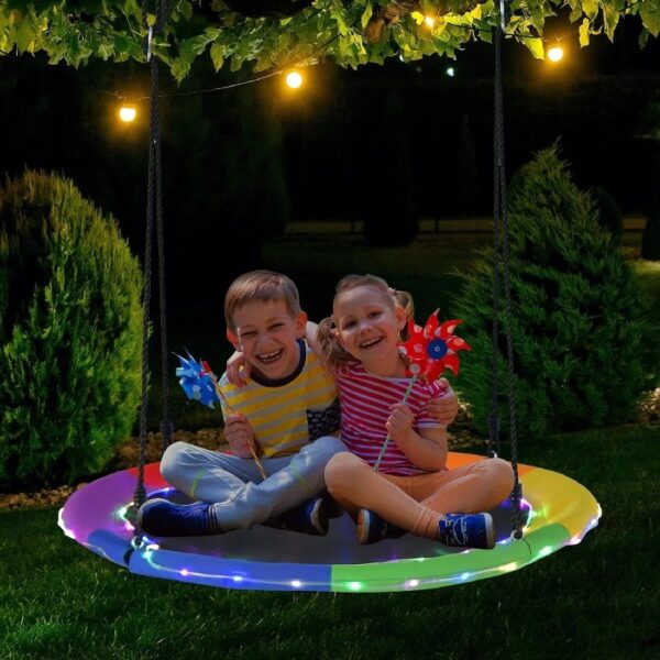 40” Tree Swing with LED Lights for Kids Adults, Indoor Outdoor Flying Saucer Swing with Adjustable Multi-Strand Hanging Ropes for Tree, Backyard, Playground ,Colorful