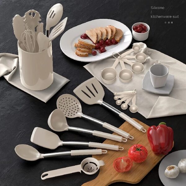 Silicone Cooking Utensils Set - Heat Resistant Stainless Steel Kitchen Utensils, Baking Tools Kitchen Gadgets,Turner, Tongs,Spatula,Spoon,Brush,Whisk,Non-Stick, Dishwasher Safe,BPA FREE (Khaki)