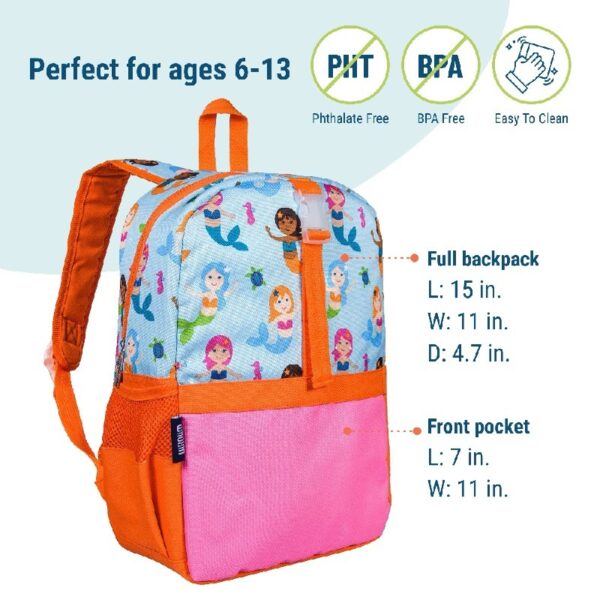 Wildkin Kids Pack-It-All 15 Inch School & Travel Backpack in Pink for Girls, Front strap for attaching Wildkin's Clip-in Lunchbox, Generously sized exterior front pocket (Mermaid Undercover)