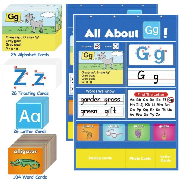 2pcs Alphabet Learning Pocket Chart, Circle Time Learning Center Alphabet Flash Cards ABC Wall Chart Letter Game for Toddler Kids Homeschool Supplies Preschool Kindergarten Classroom Must Haves