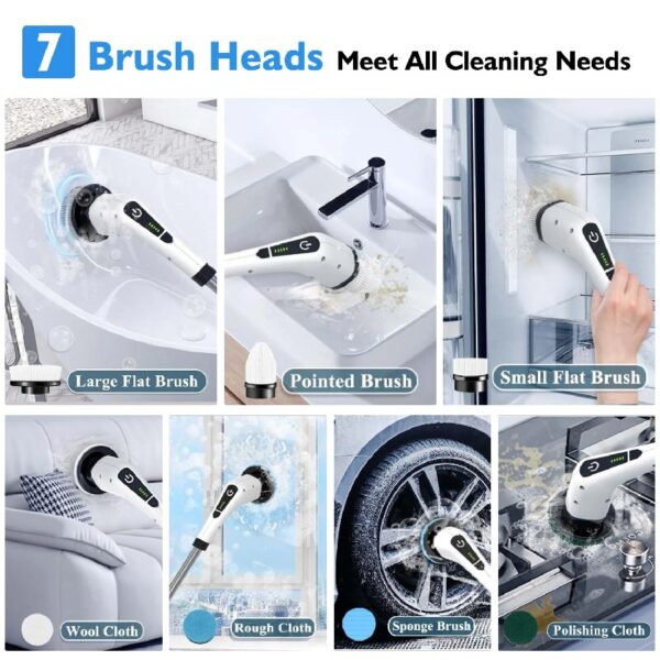 Spin Scrubber, Cordless Bath Tub Power Scrubber with Long Handle & 7 Replaceable Heads, Detachable as Short Handle, Shower Cleaning Brush Household Tools for Bathroom & Tile Floor