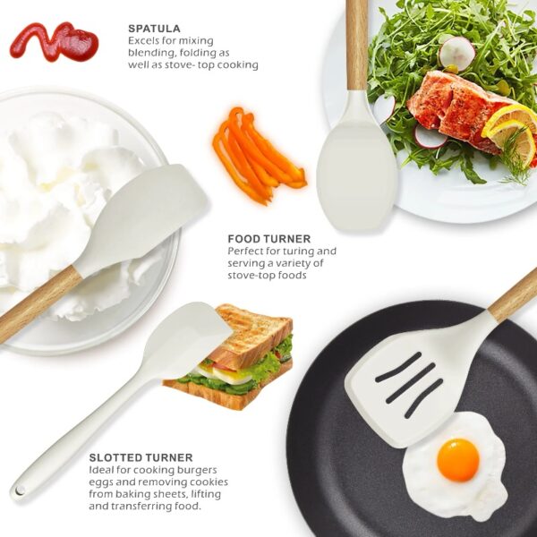 oannao Silicone Cooking Utensils Set - 446°F Heat Resistant Silicone Kitchen Utensils for Cooking,Kitchen Utensil Spatula Set w Wooden Handles,Holder, BPA FREE Gadgets for Non-Stick Cookware (Khaki)