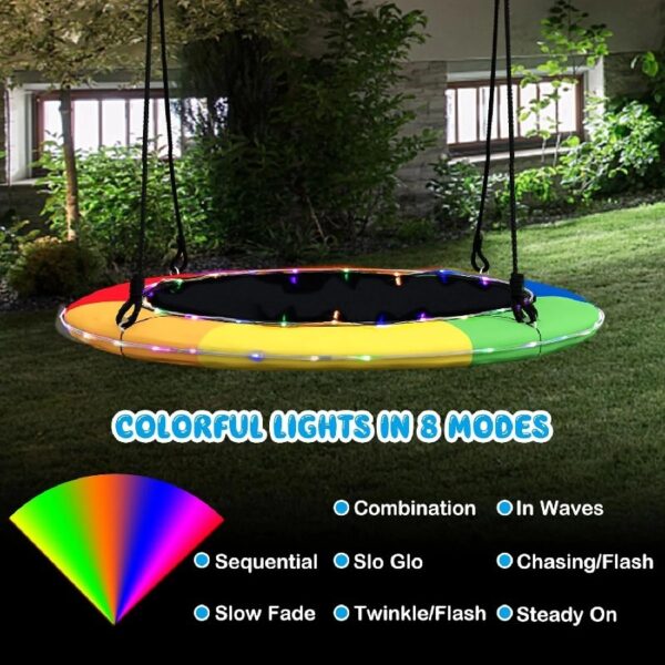 40” Tree Swing with LED Lights for Kids Adults, Indoor Outdoor Flying Saucer Swing with Adjustable Multi-Strand Hanging Ropes for Tree, Backyard, Playground ,Colorful